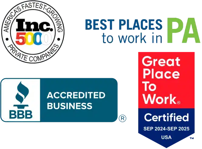 awards for inc 5000 best places to work in PA BBB and great place to work certified.